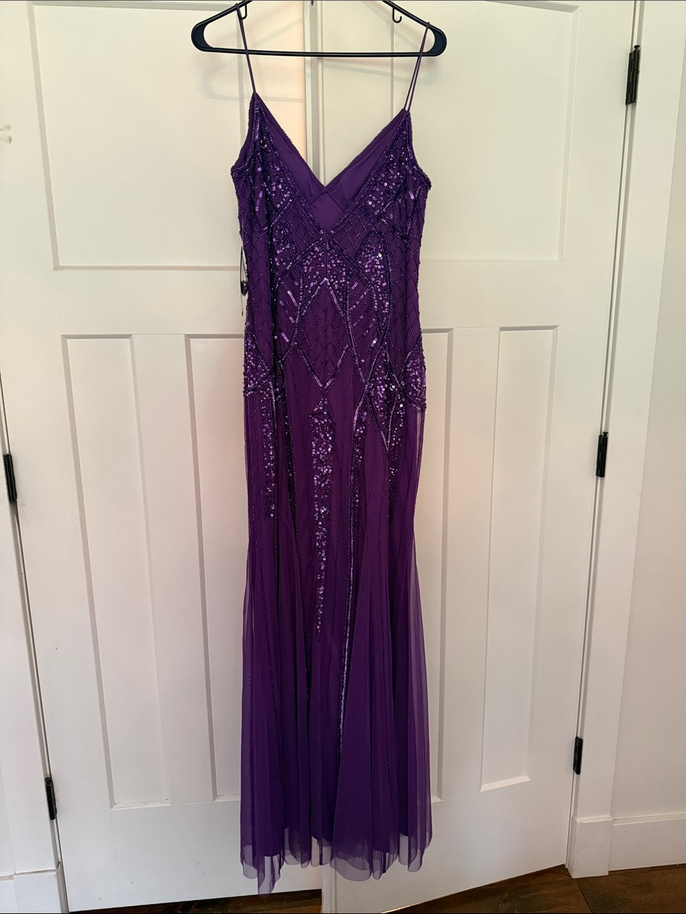 bebe Purple Beaded Spaghetti Strap Prom Gown - Picture 8 of 11